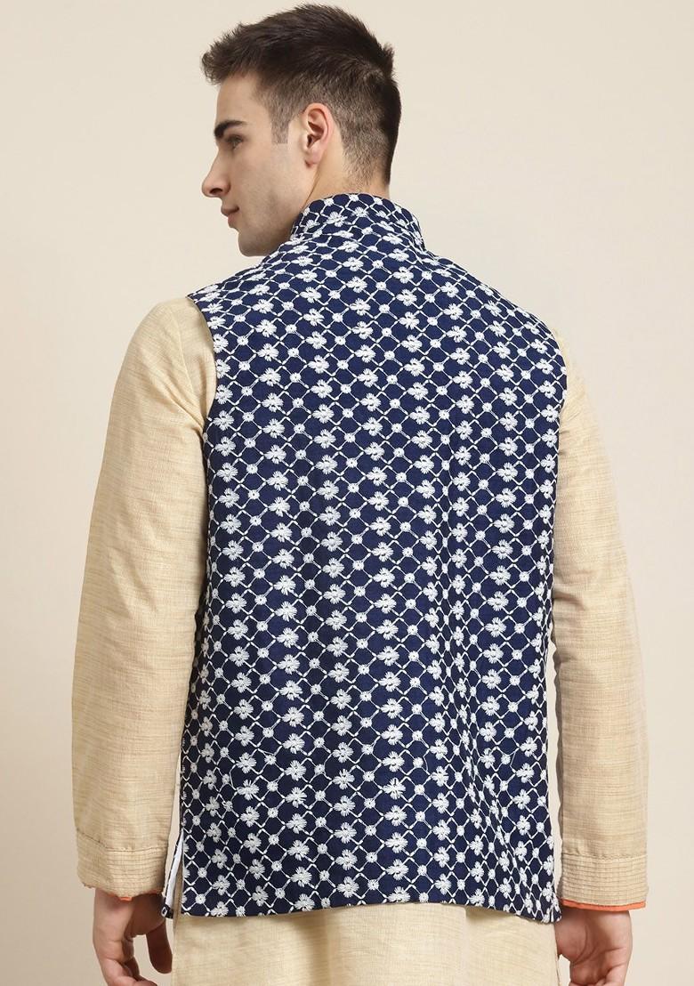 Navy Blue Embroidered Poly Blend Nehru Jackets For Men