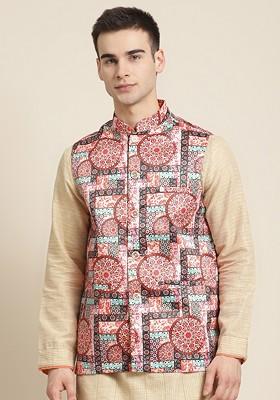 Off White Ethnic Motifs Poly Blend Nehru Jackets For Men