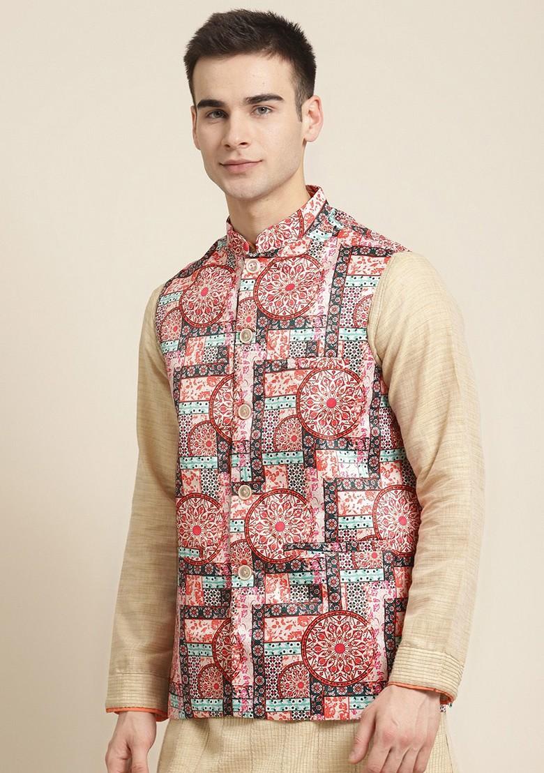 Off White Ethnic Motifs Poly Blend Nehru Jackets For Men