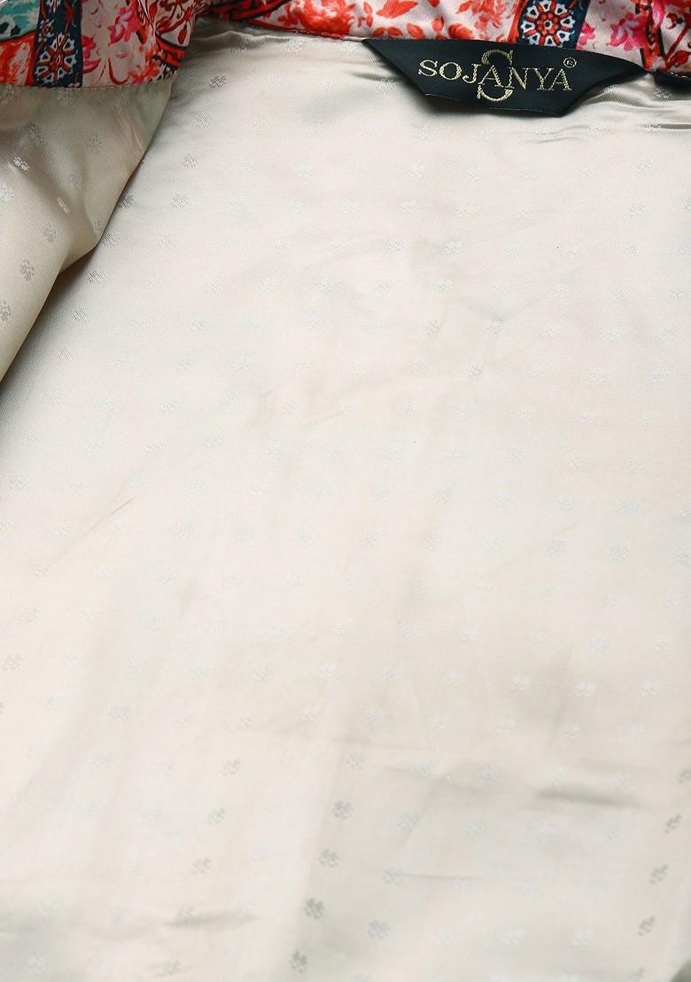 Off White Ethnic Motifs Poly Blend Nehru Jackets For Men