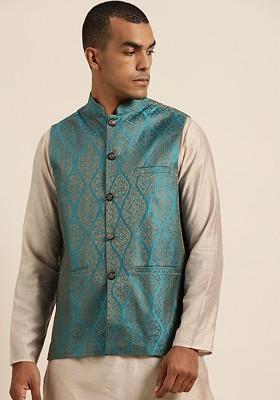 Teal Blue Woven Silk Nehru Jackets For Men
