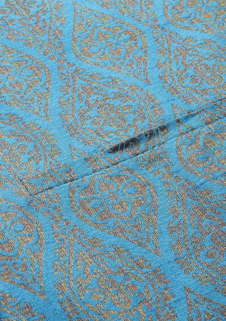 Teal Blue Woven Silk Nehru Jackets For Men