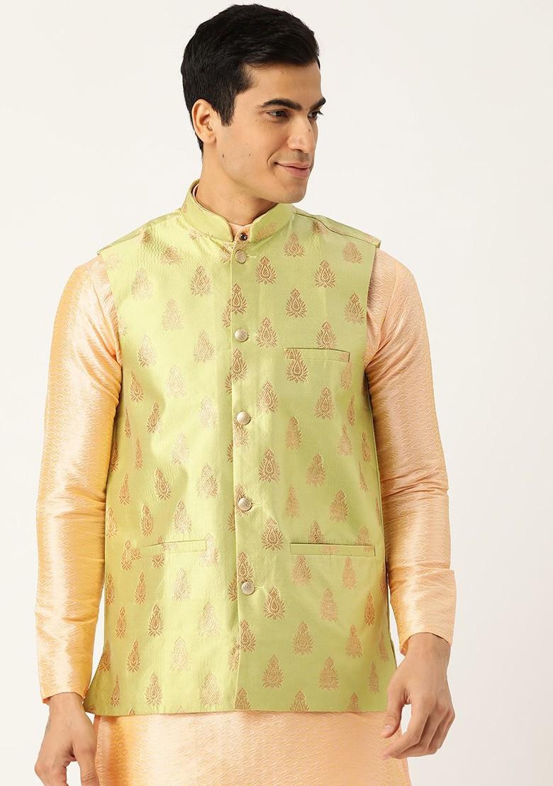 Lime Green Woven Poly Blend Nehru Jackets For Men
