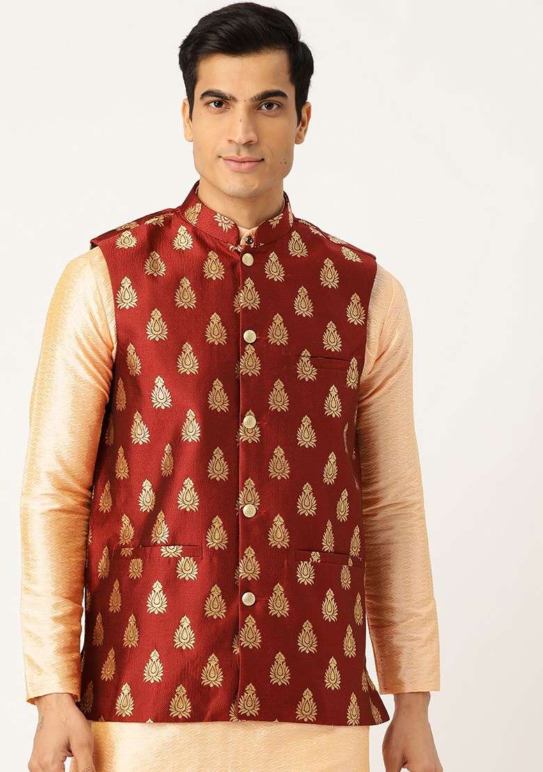 Maroon Woven Poly Blend Nehru Jackets For Men - Indya