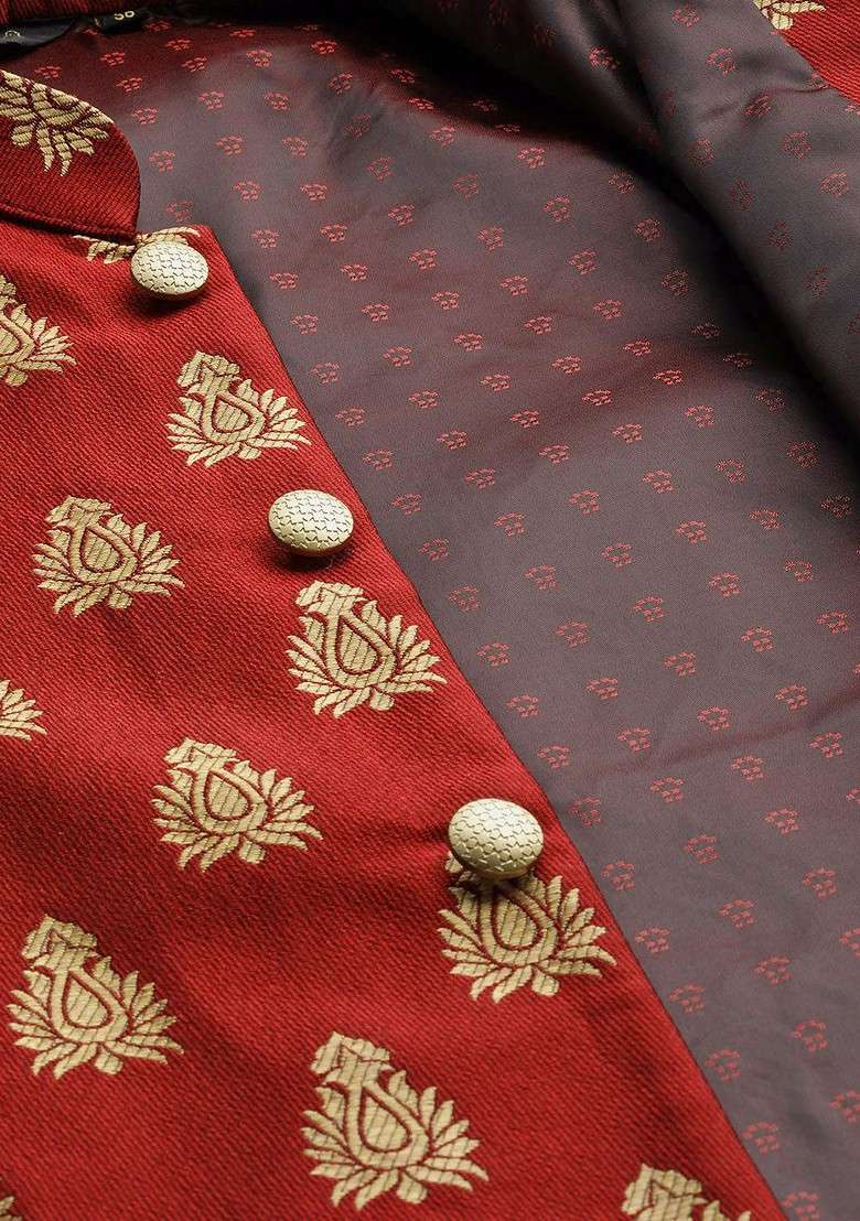 Maroon Woven Poly Blend Nehru Jackets For Men - Indya