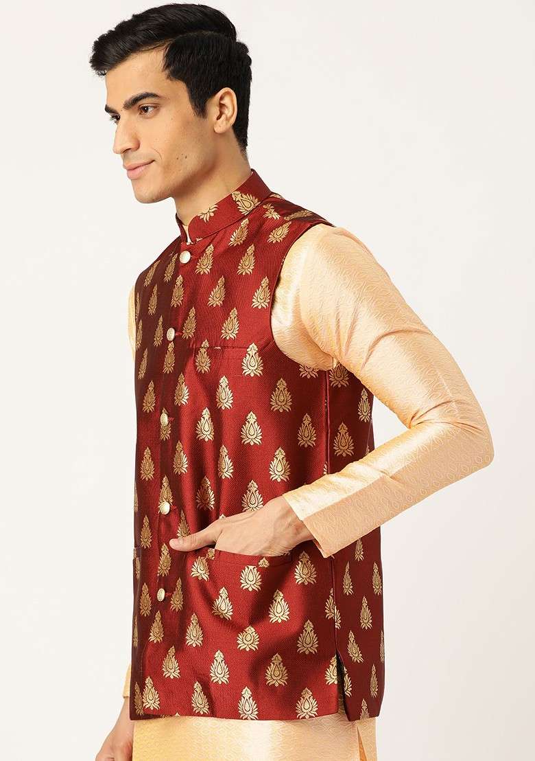 Maroon Woven Poly Blend Nehru Jackets For Men - Indya