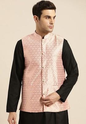 Pink Woven Poly Blend Nehru Jackets For Men
