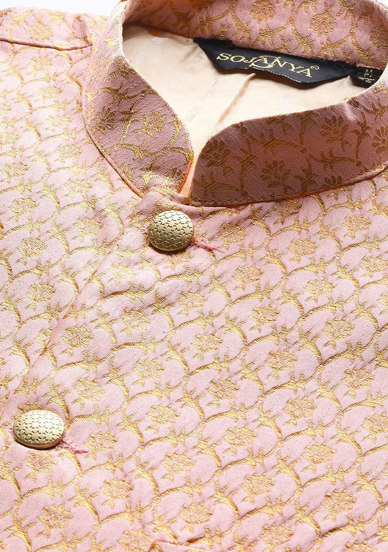 Pink Woven Poly Blend Nehru Jackets For Men