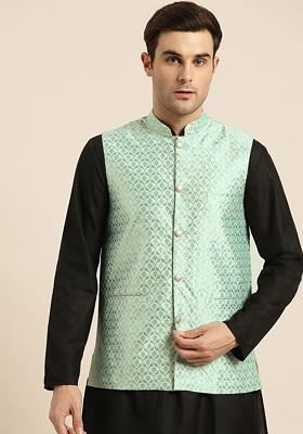 Sea Green Woven Poly Blend Nehru Jackets For Men