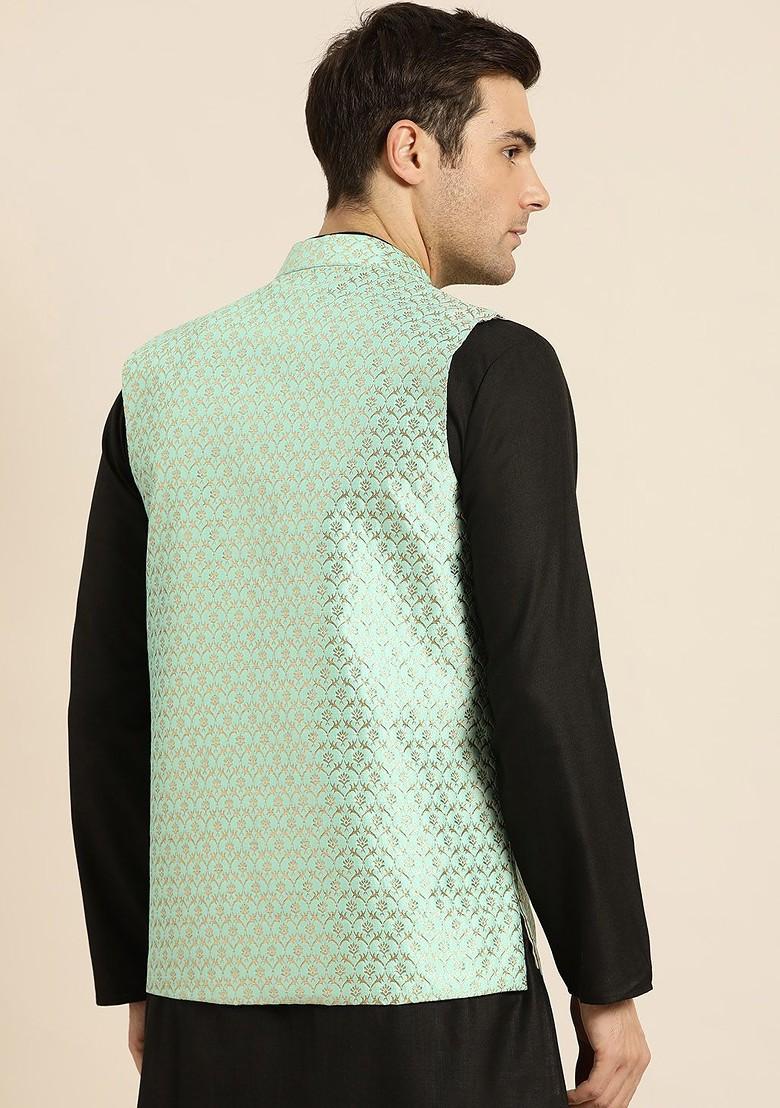 Sea Green Woven Poly Blend Nehru Jackets For Men