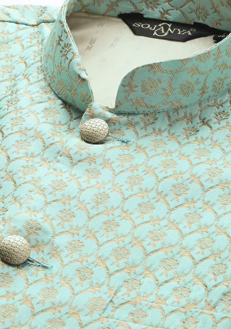 Sea Green Woven Poly Blend Nehru Jackets For Men
