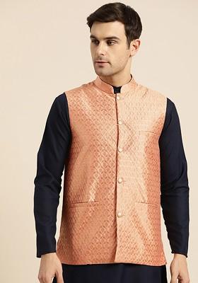 Peach Woven Poly Blend Nehru Jackets For Men