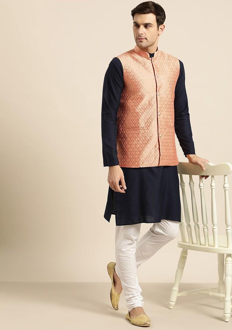 Peach Woven Poly Blend Nehru Jackets For Men
