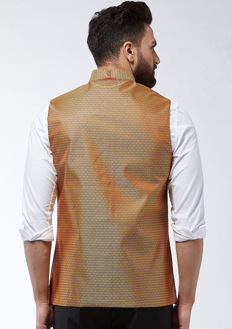 Mustard Woven Poly Blend Nehru Jackets For Men
