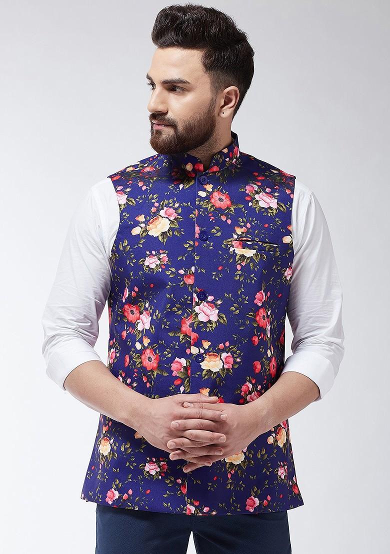 Navy Blue Printed Poly Blend Nehru Jackets For Men
