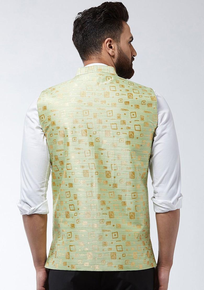 Green Woven Poly Blend Nehru Jackets For Men