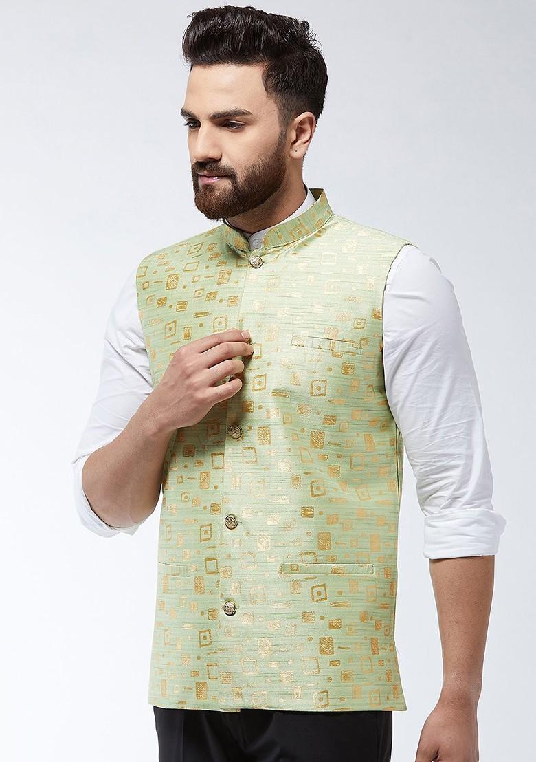 Green Woven Poly Blend Nehru Jackets For Men