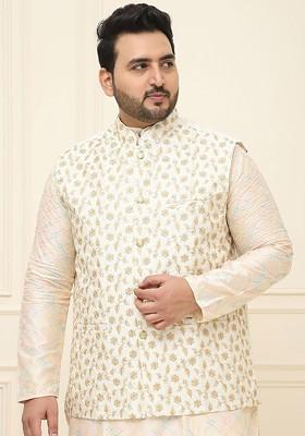 Cream Embroidered Poly Blend Nehru Jackets For Men