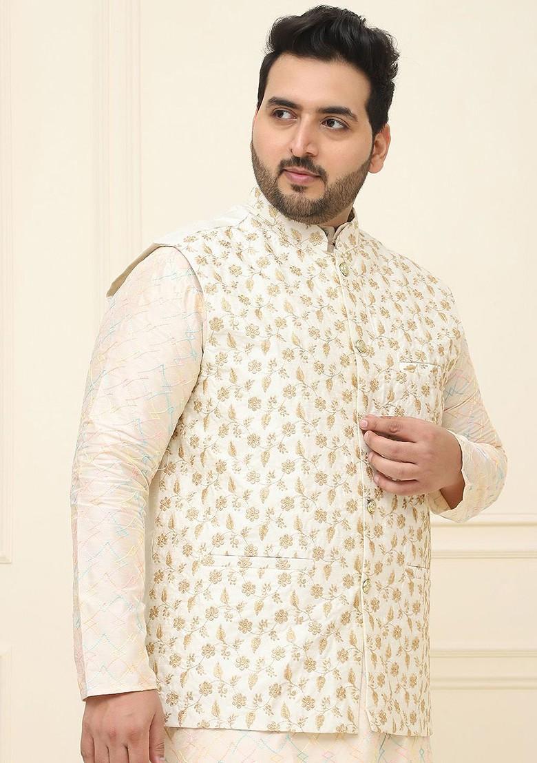 Cream Embroidered Poly Blend Nehru Jackets For Men