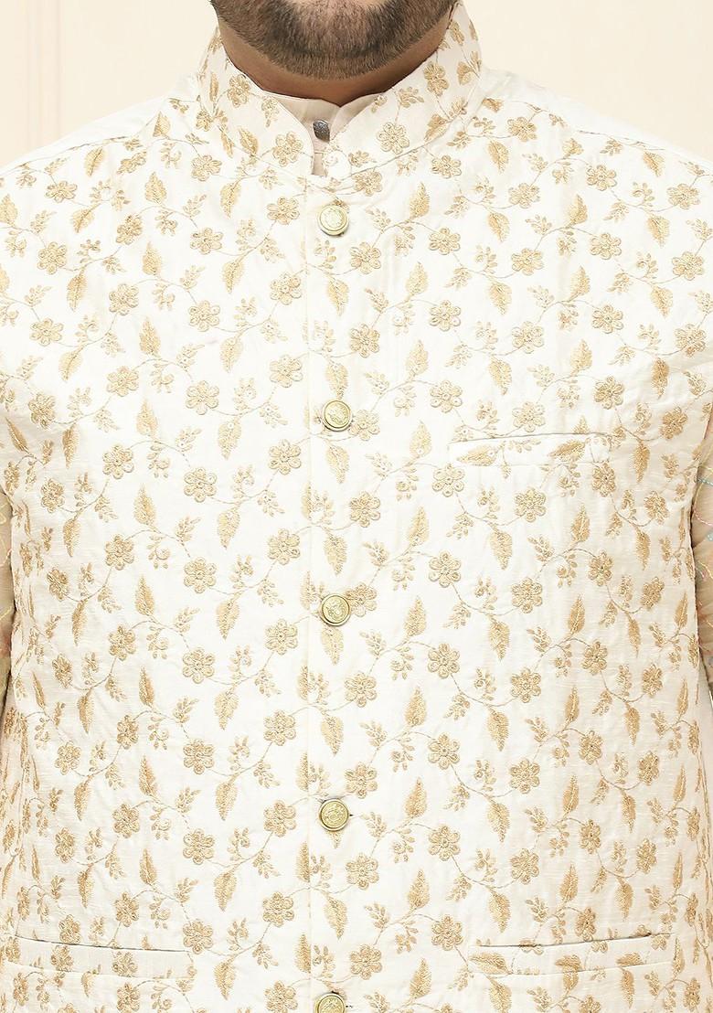 Cream Embroidered Poly Blend Nehru Jackets For Men