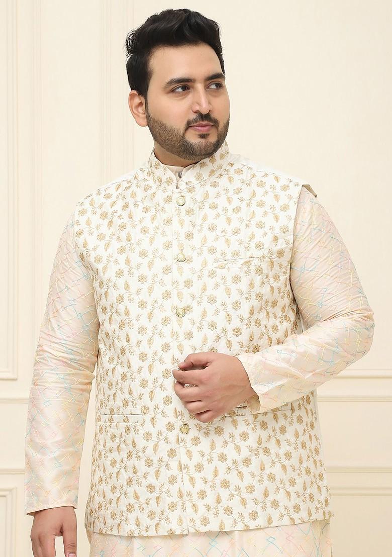 Cream Embroidered Cotton Nehru Jackets For Men