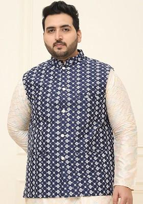 Navy Blue Embroidered Cotton Nehru Jackets For Men
