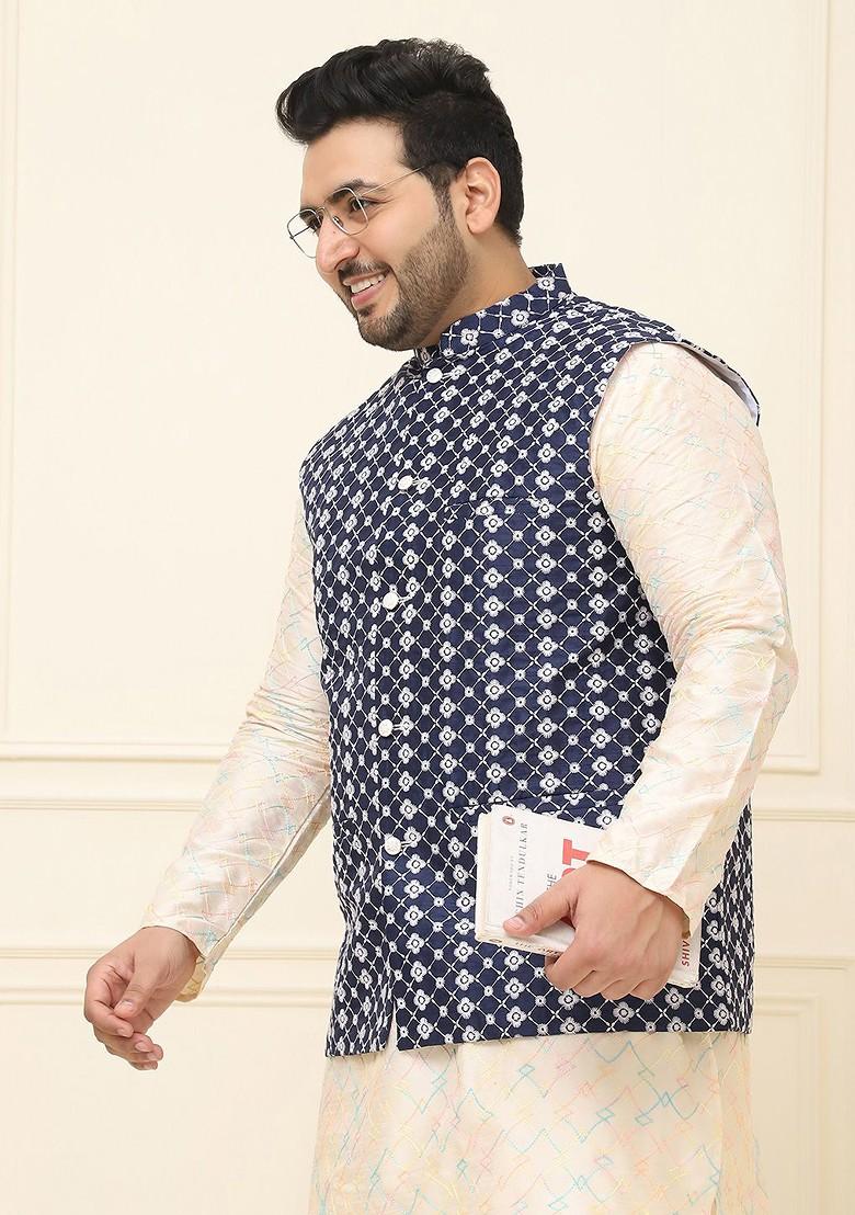 Navy Blue Embroidered Cotton Nehru Jackets For Men