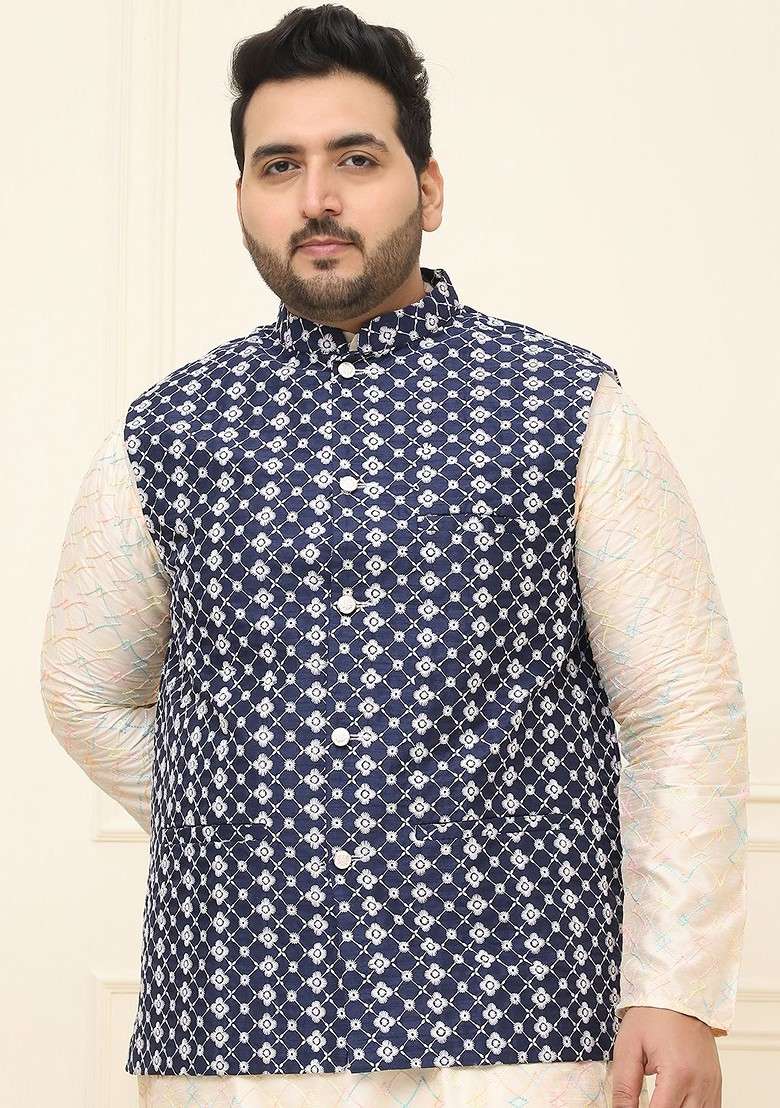 Navy Blue Embroidered Cotton Nehru Jackets For Men - Indya