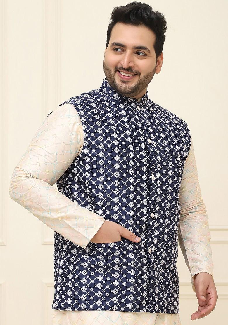 Navy Blue Embroidered Cotton Nehru Jackets For Men