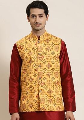 Yellow Ethnic Motifs Poly Blend Nehru Jackets For Men