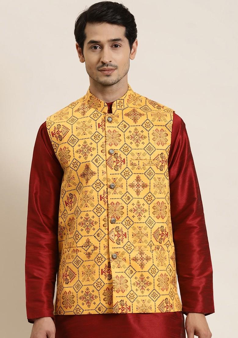 Yellow Ethnic Motifs Poly Blend Nehru Jackets For Men