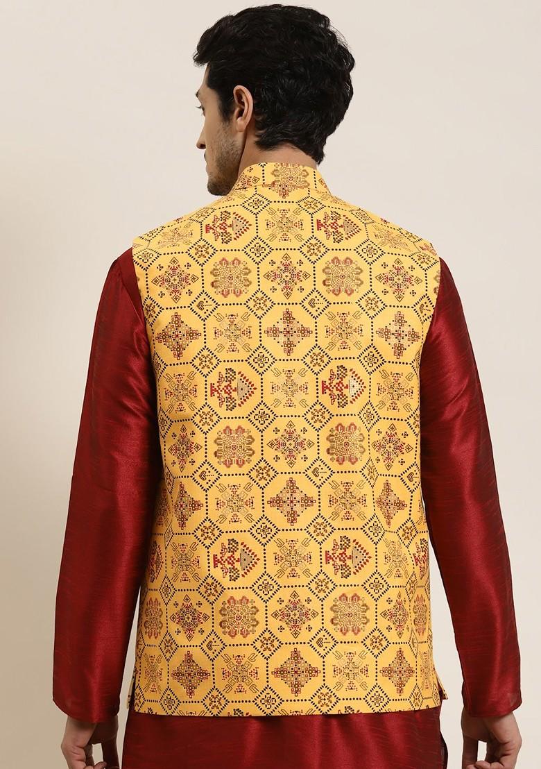 Yellow Ethnic Motifs Poly Blend Nehru Jackets For Men