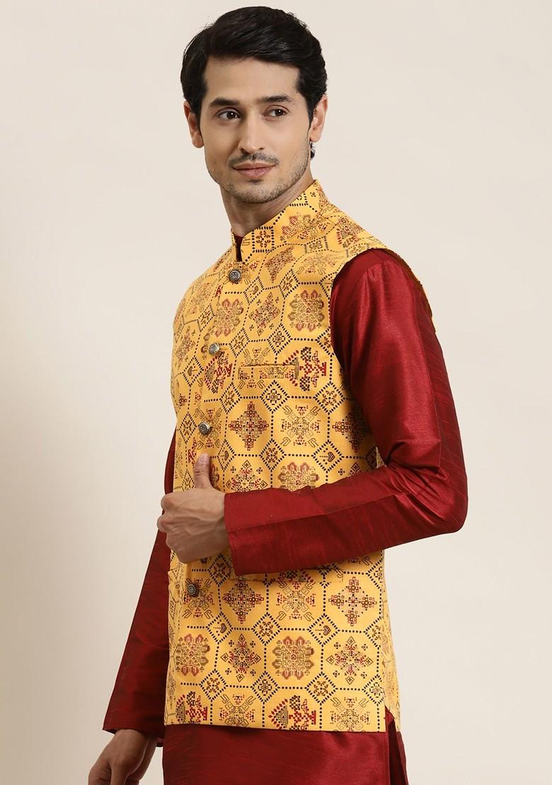 Yellow Ethnic Motifs Poly Blend Nehru Jackets For Men