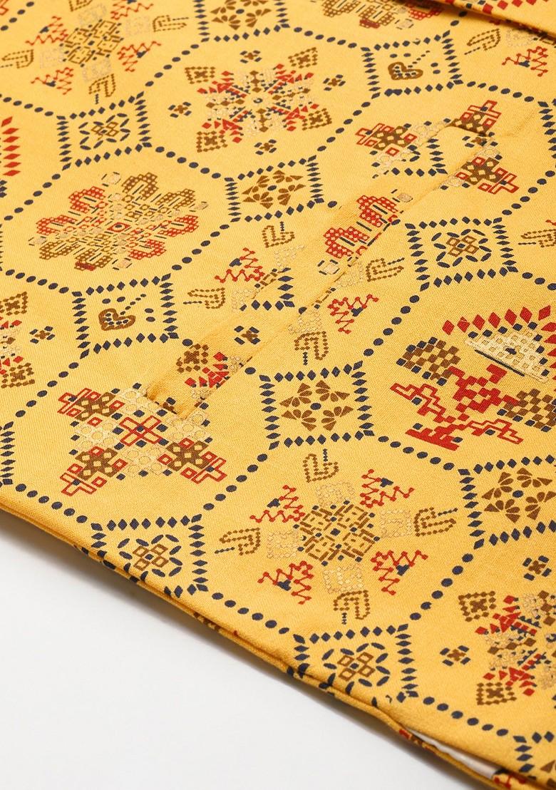 Yellow Ethnic Motifs Poly Blend Nehru Jackets For Men