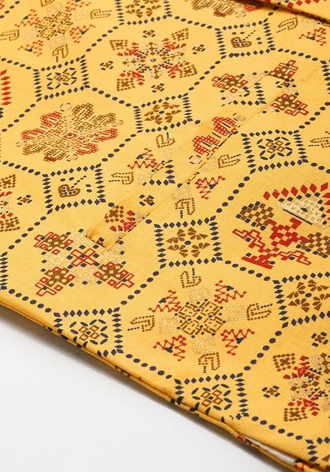 Yellow Ethnic Motifs Poly Blend Nehru Jackets For Men