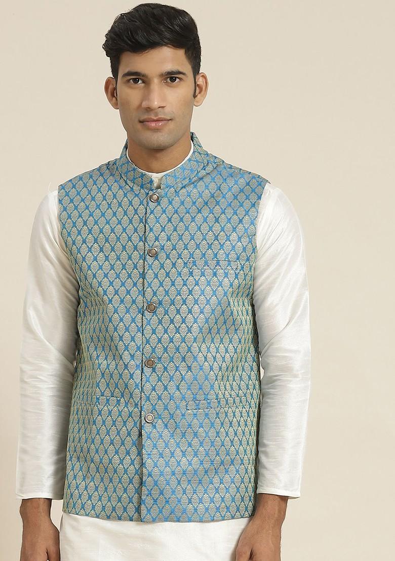 Blue Woven Jacquard Nehru Jackets For Men