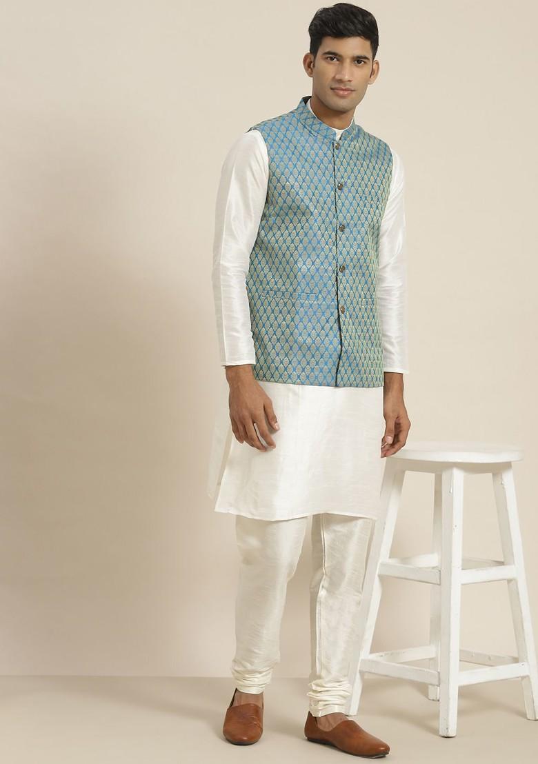 Blue Woven Jacquard Nehru Jackets For Men