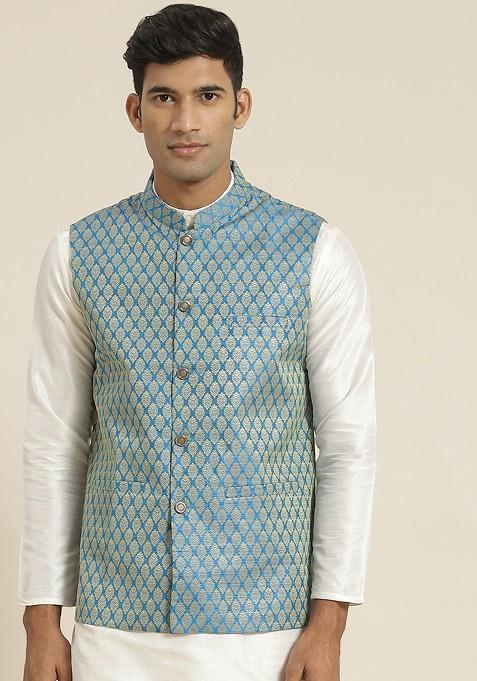 Blue Woven Jacquard Nehru Jackets For Men