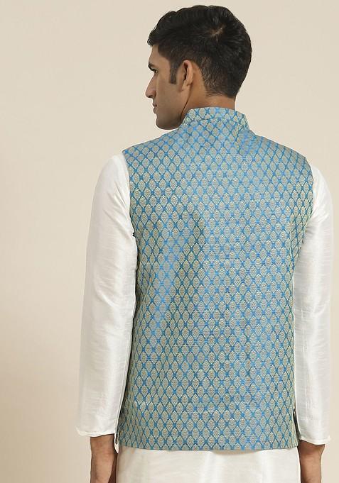 Blue Woven Jacquard Nehru Jackets For Men