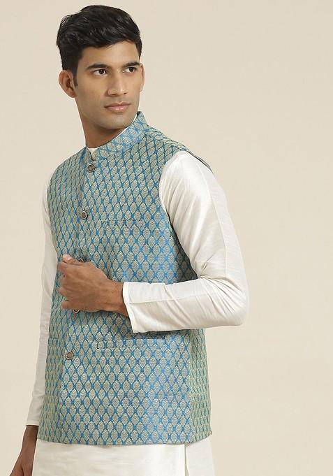 Blue Woven Jacquard Nehru Jackets For Men