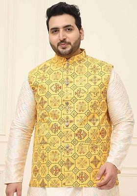 Yellow Printed Poly Blend Nehru Jackets For Men