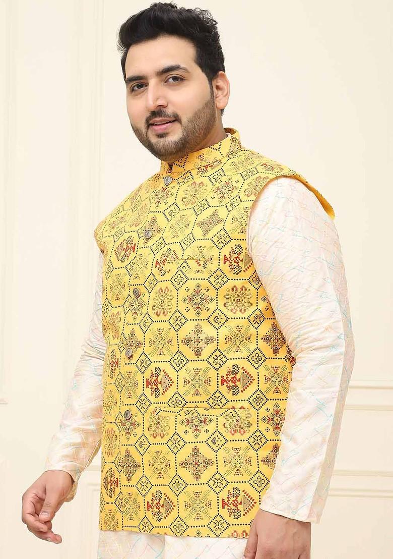 Yellow Printed Poly Blend Nehru Jackets For Men