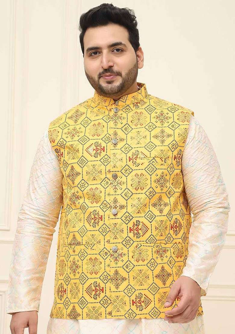 Yellow Printed Poly Blend Nehru Jackets For Men - Indya