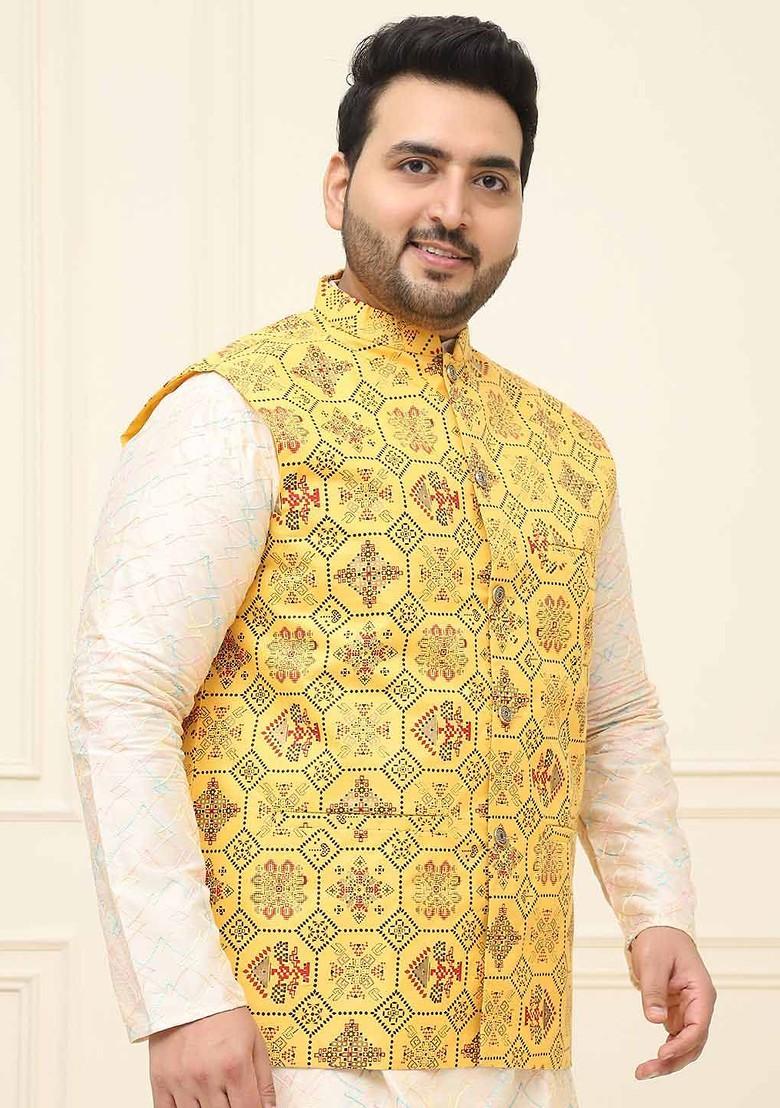 Yellow Printed Poly Blend Nehru Jackets For Men