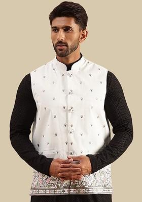 Cream Embroidered Poly Blend Nehru Jackets For Men