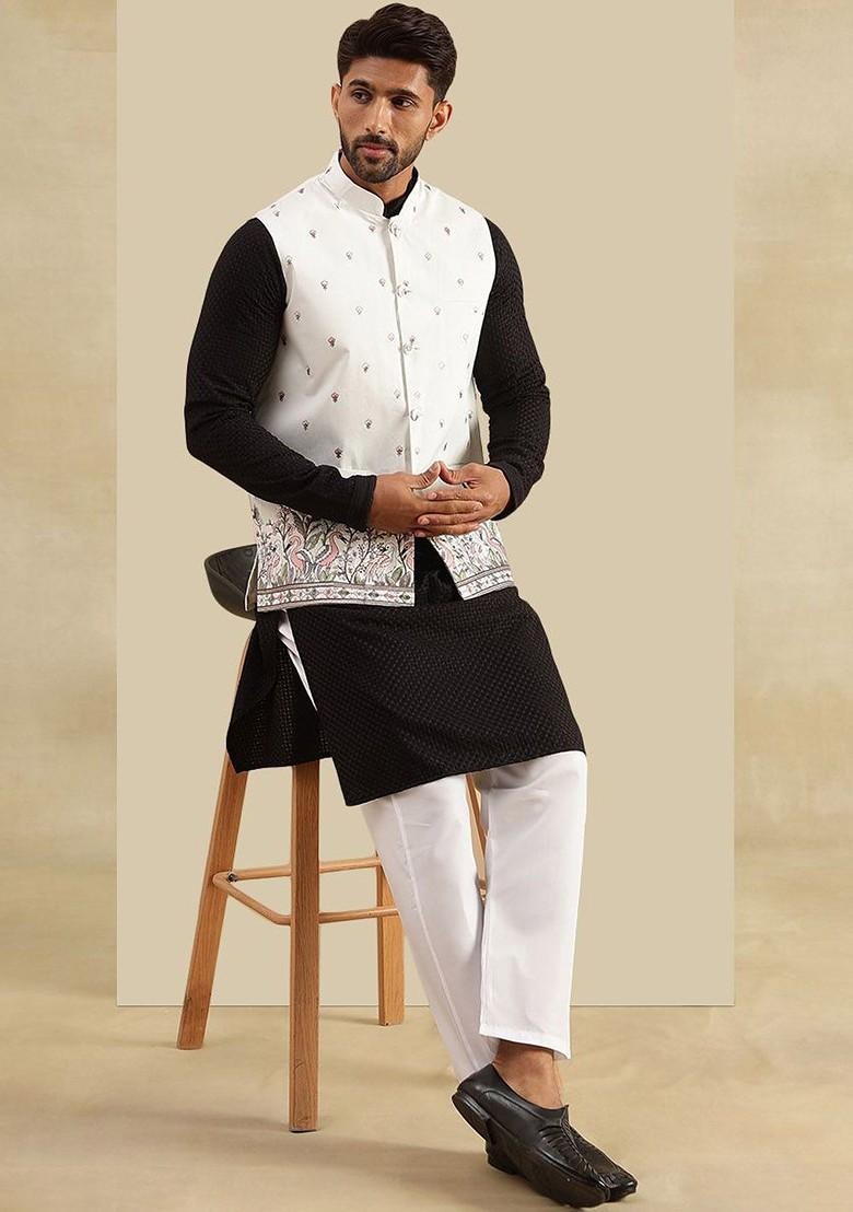 Cream Embroidered Poly Blend Nehru Jackets For Men