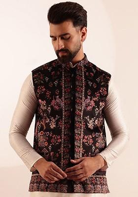 Black Printed Poly Blend Nehru Jackets For Men