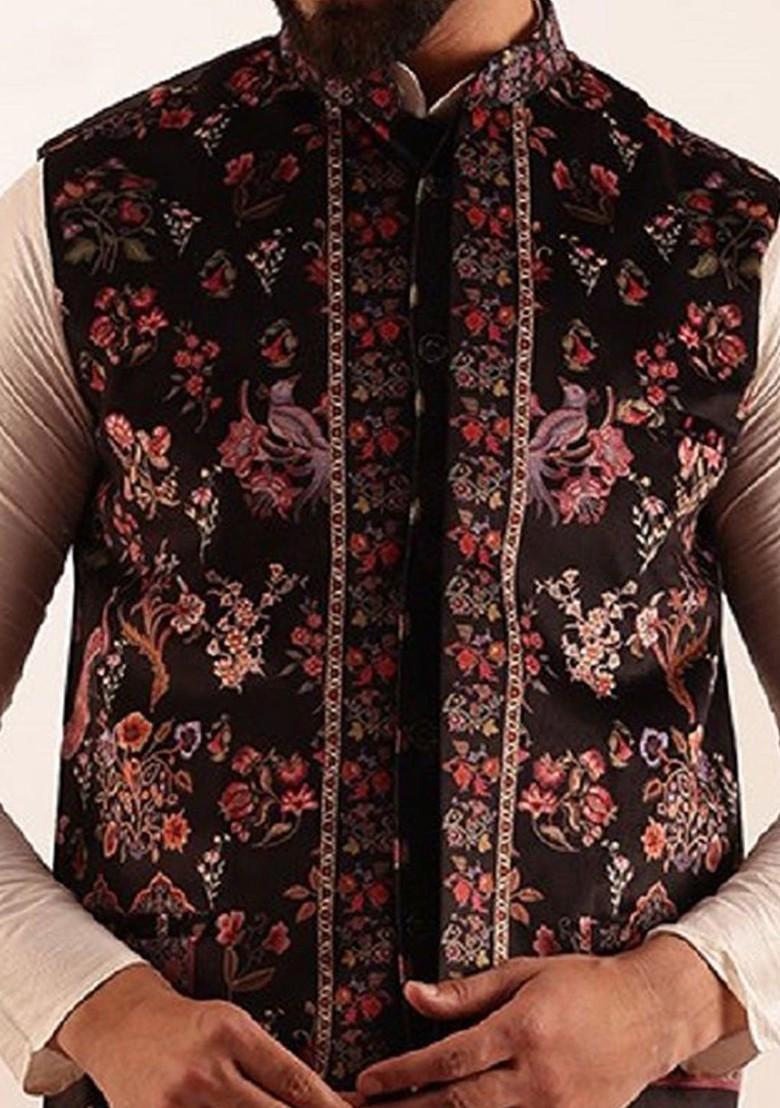 Black Printed Poly Blend Nehru Jackets For Men