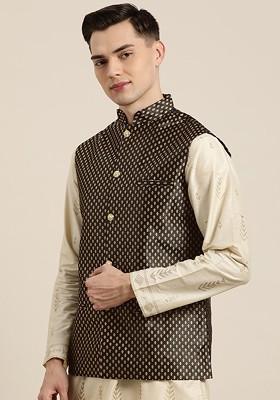 Black Solid Poly Blend Nehru Jackets For Men