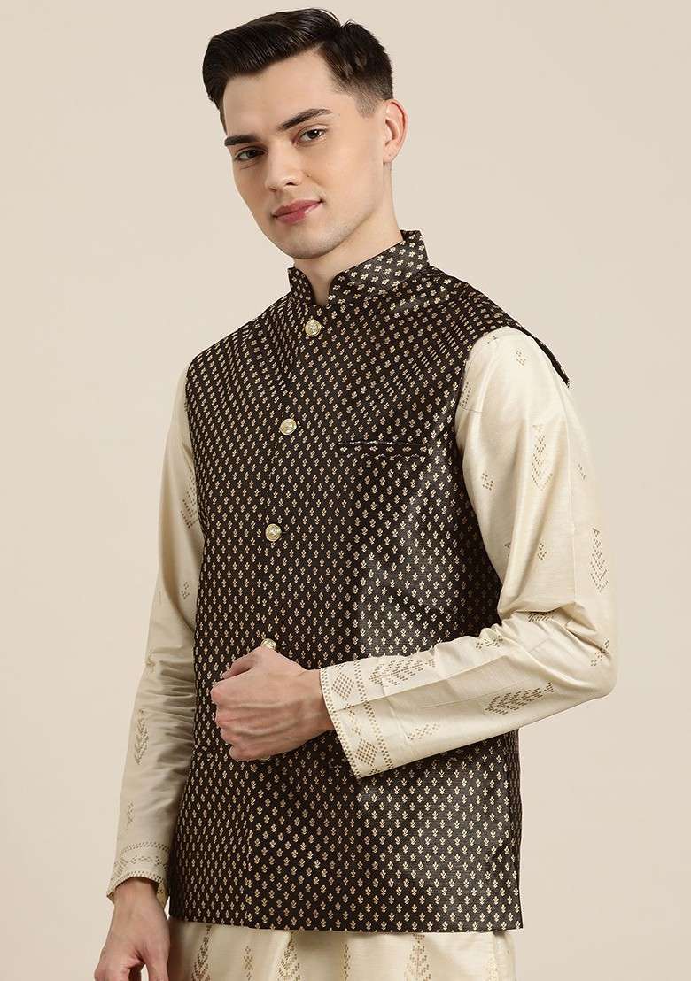 Black Solid Poly Blend Nehru Jackets For Men - Indya